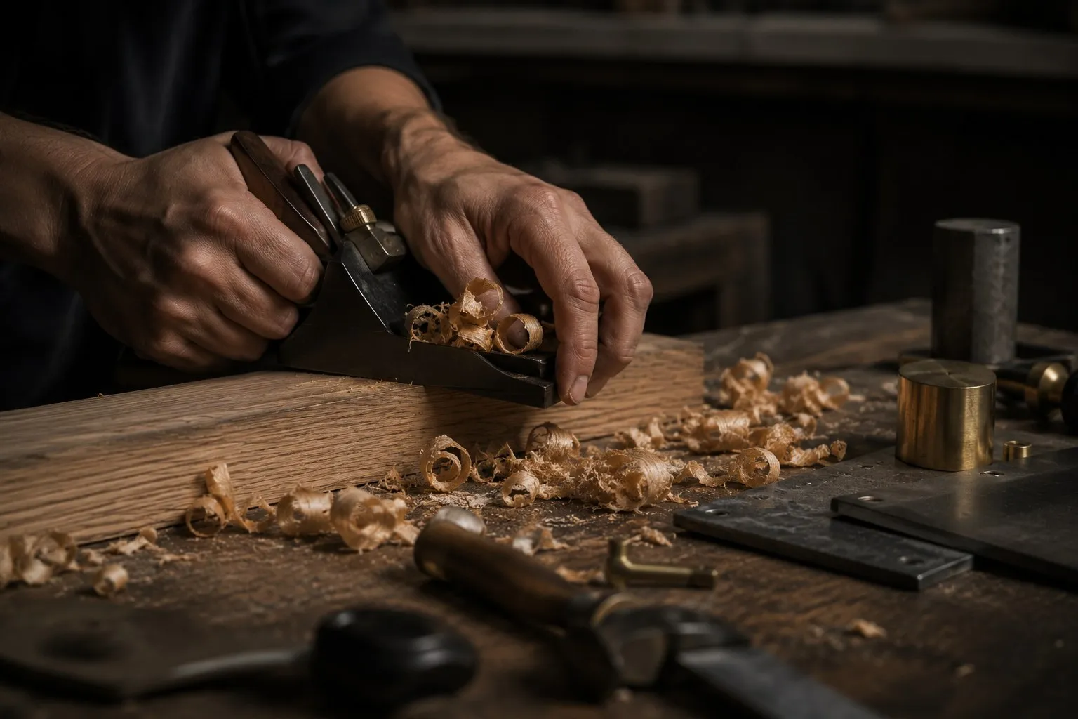 Mains d'un artisan au rabot sur une pièce de bois, copeaux et outils.