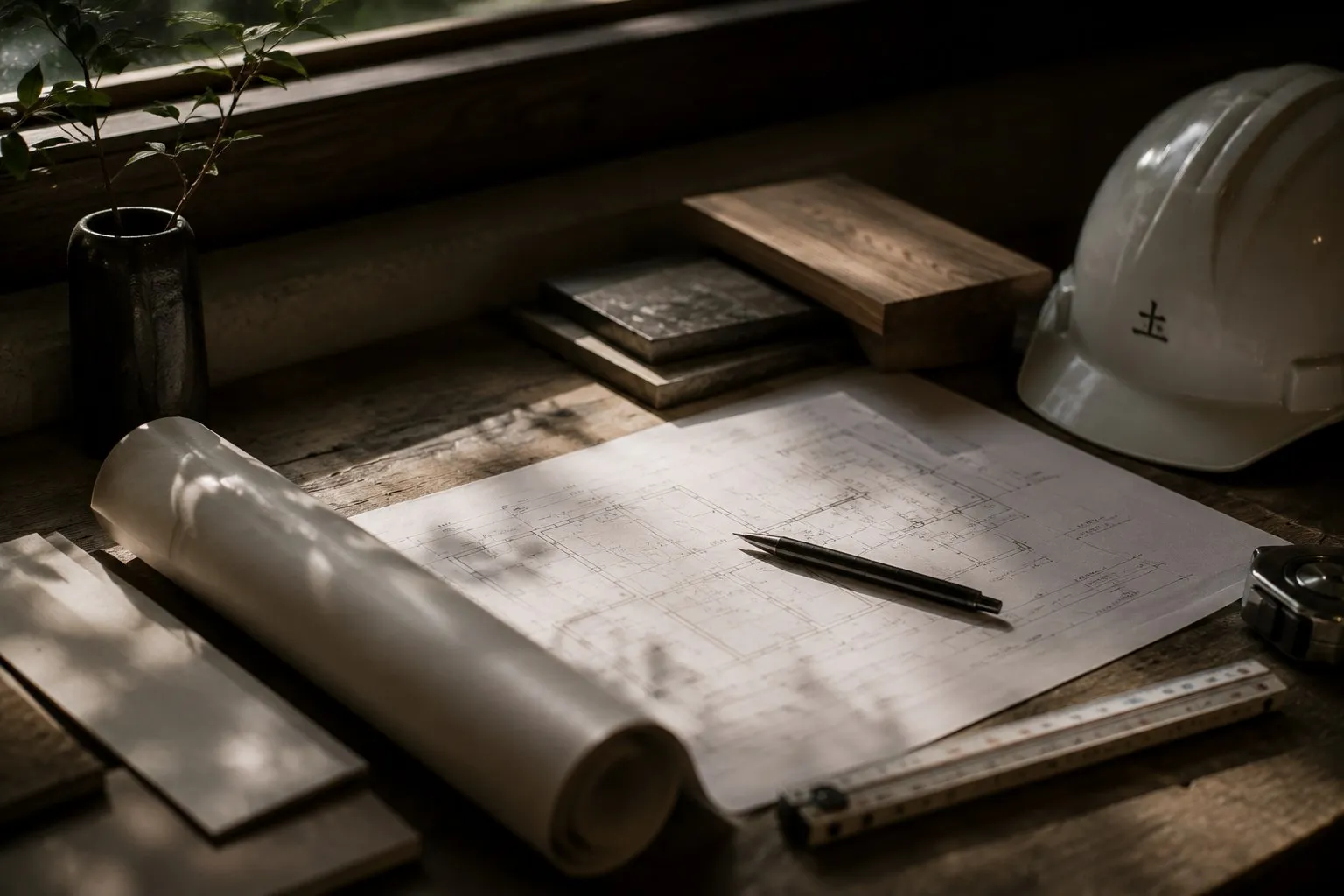Plans, échantillons de matériaux et casque de chantier sur un plan de travail.