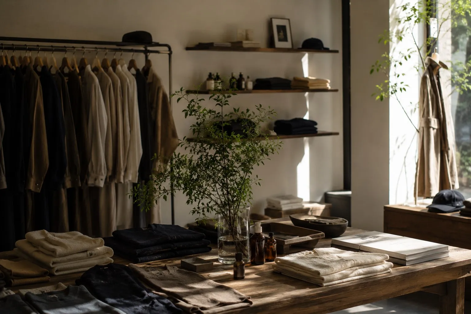 Table de présentation d'un concept store : vêtements pliés, flacons, feuillage, portants au fond.