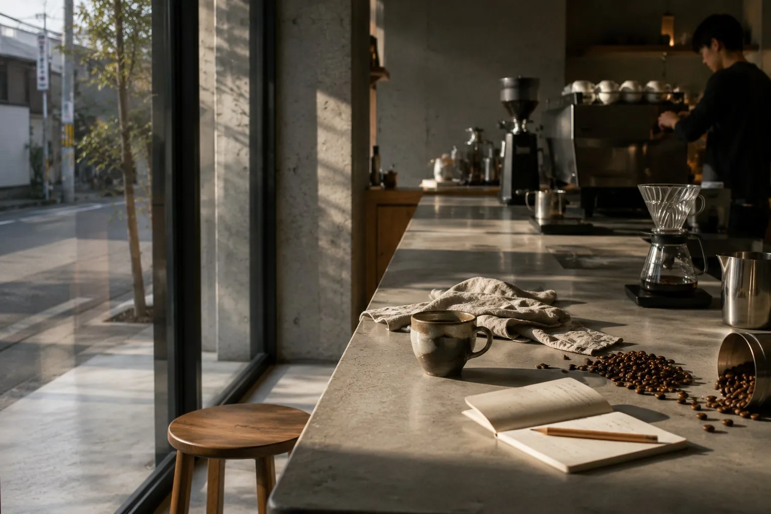 Comptoir de café le matin, lumière de fenêtre, grains et carnet.