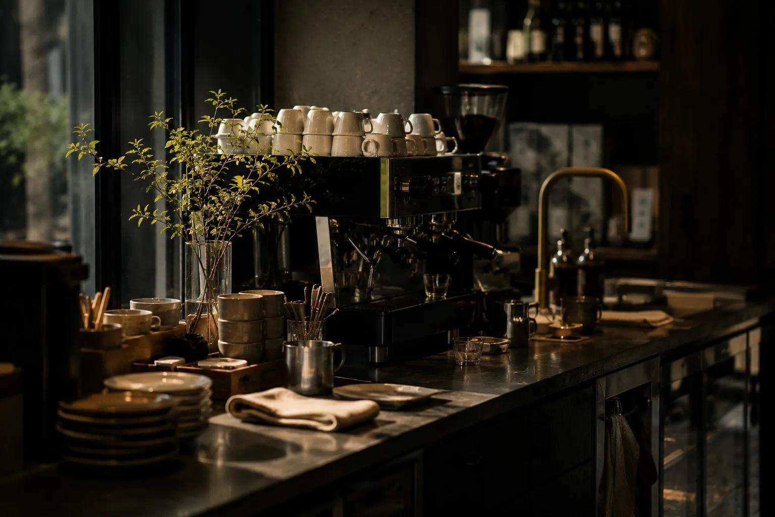 Comptoir d'un café en service au matin, tasses empilées et lumière de fenêtre.