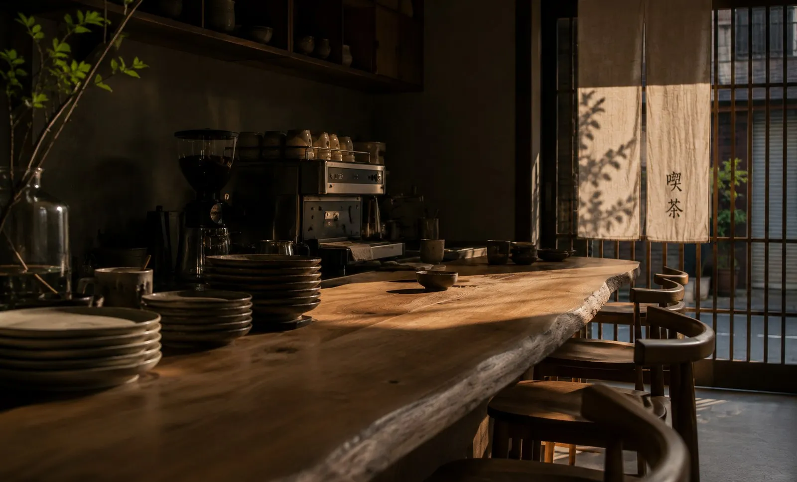 Comptoir en bois d'un lieu à Tokyo avant le service, assiettes empilées et lumière de fenêtre.
