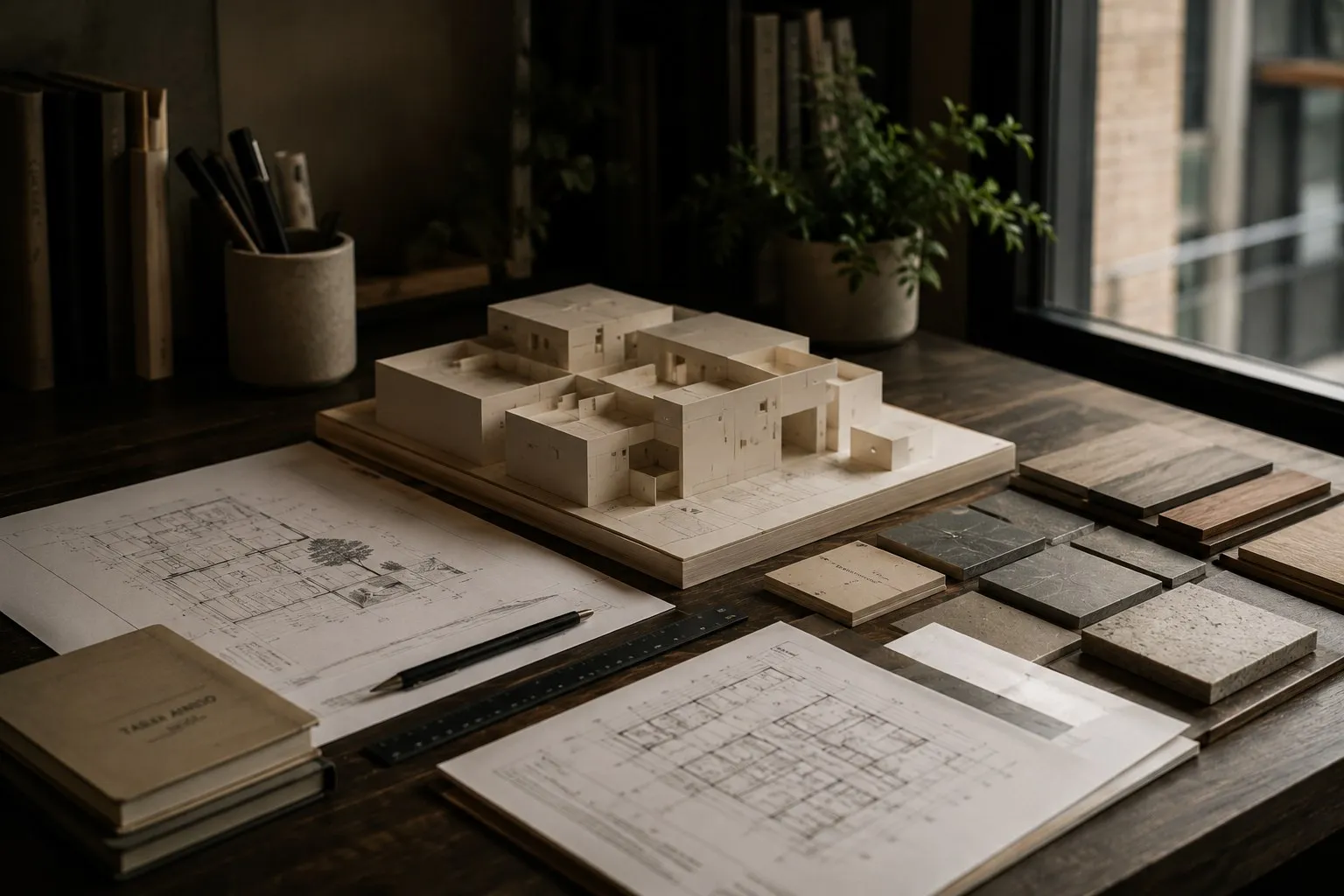 Maquette blanche d'un lieu, plans et échantillons de matériaux sur une table près de la fenêtre.