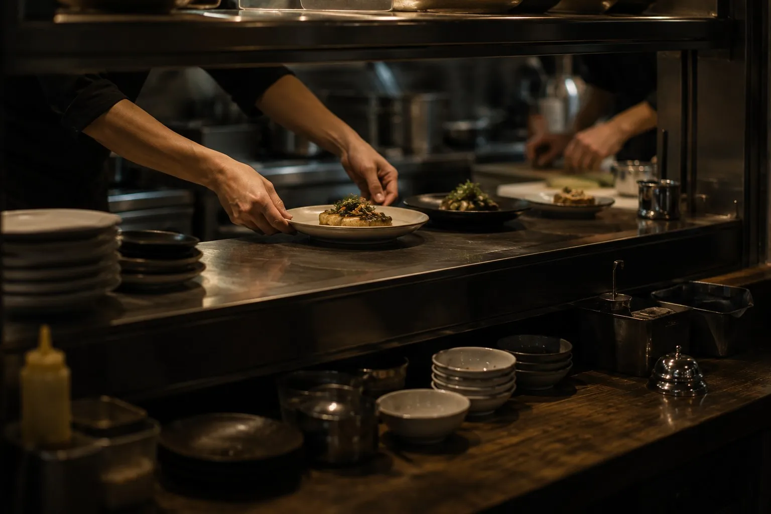 Mains dressant une assiette au pass d'une cuisine, vaisselle alignée.