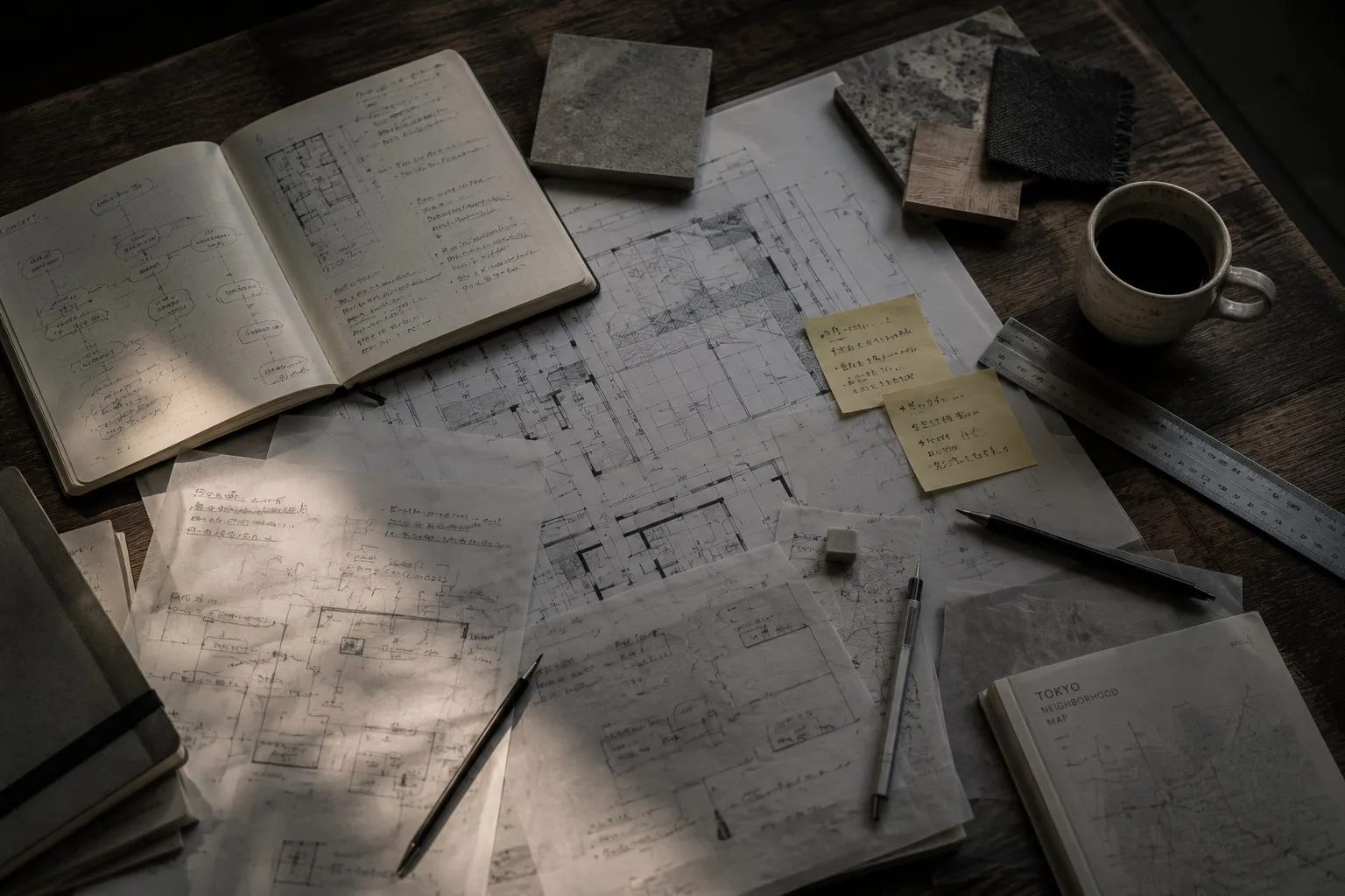 Plans, calques, échantillons de matériaux et carte de Tokyo sur une table de travail.