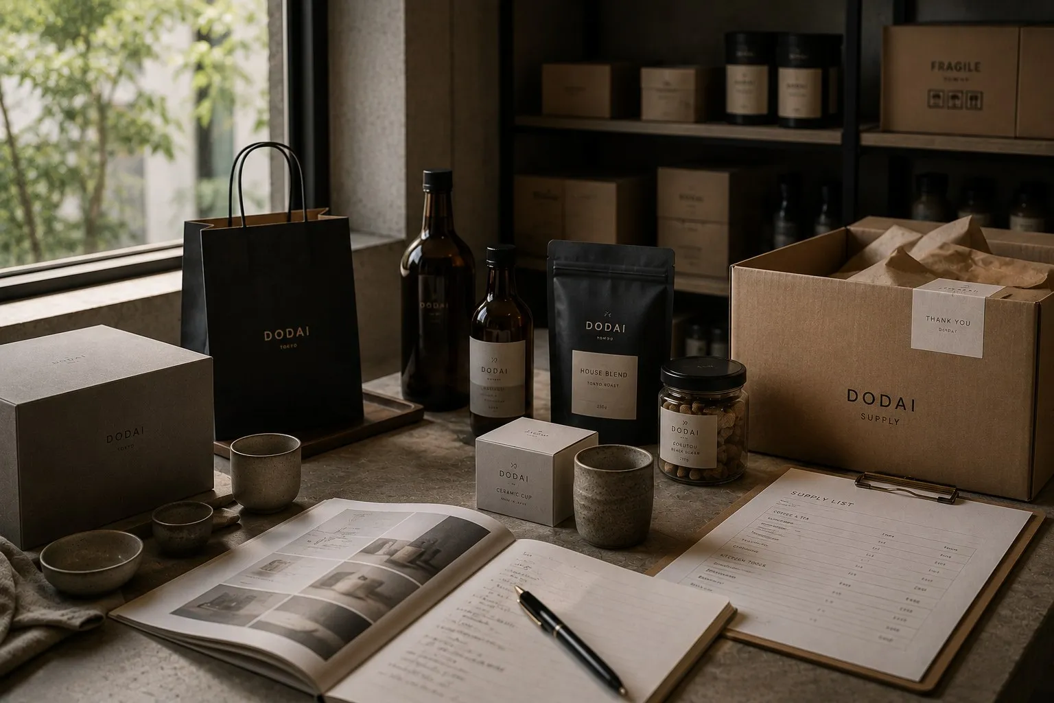 Produits et packaging DODAI : coffret, café, flacons, cahier et supply list sur un plan de travail.