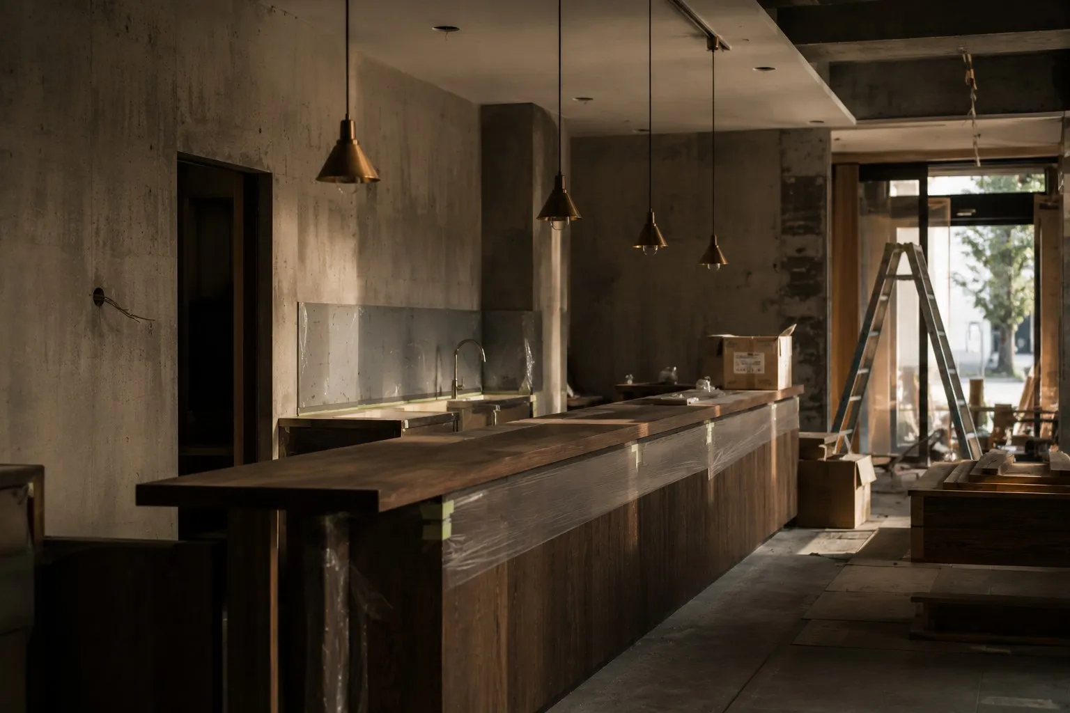 Intérieur d'un local en cours de rénovation à Tokyo, comptoir en construction.