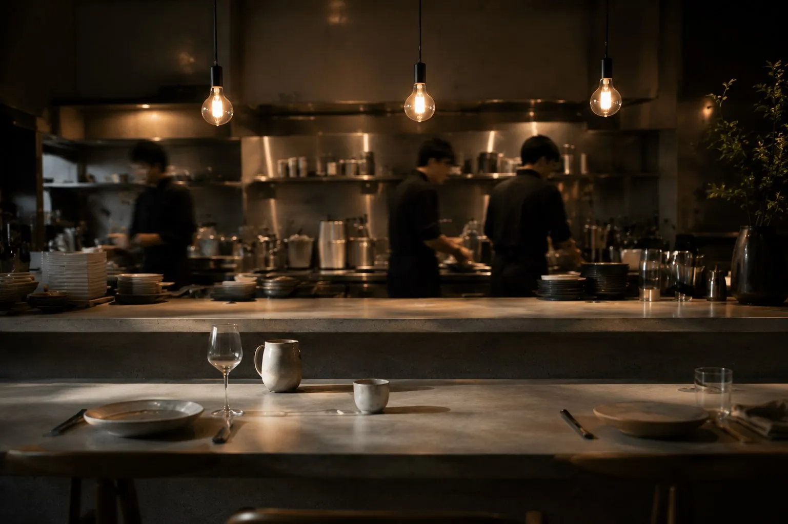 Restaurant en plein service, cuisine ouverte, lumière tungstène.