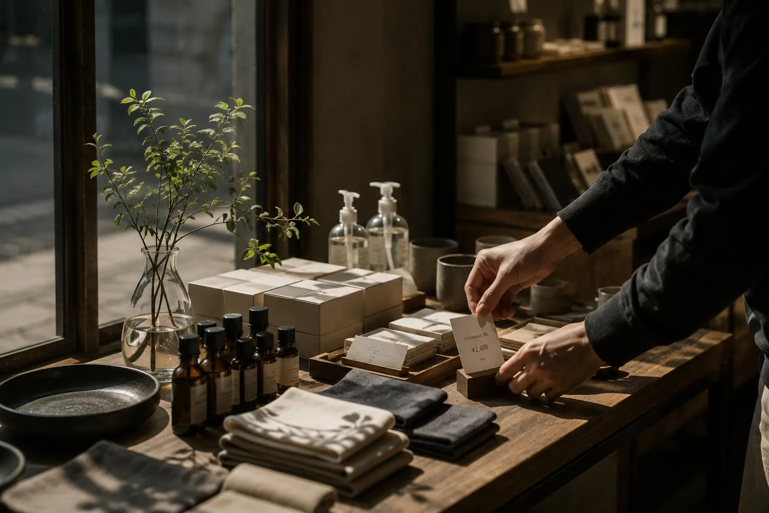 Mise en place d'un étiquetage produit sur une table de concept store, lumière de fenêtre.