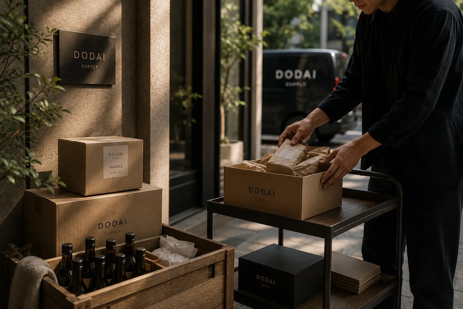 Préparation de commandes et cartons DODAI près d'une vitrine, bouteilles en caisse.