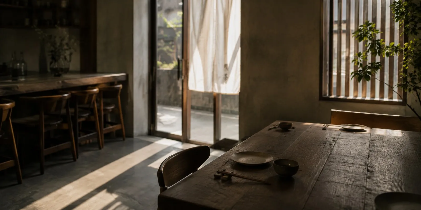 Table en bois près d'une fenêtre dans une salle calme, avant le service.
